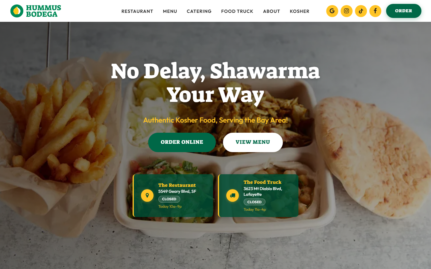 Hummus Bodega homepage hero and navigation on desktop