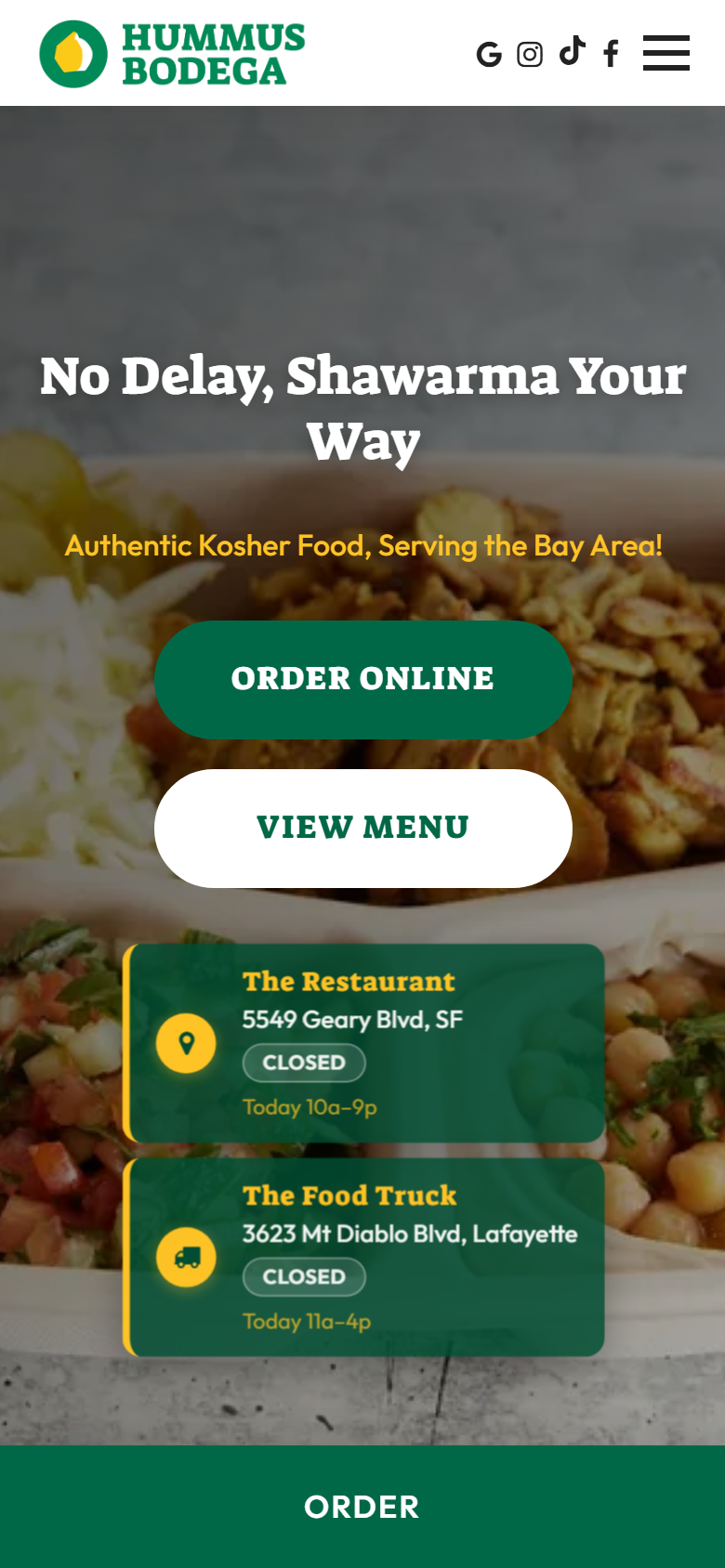 Hummus Bodega homepage on a narrow mobile viewport
